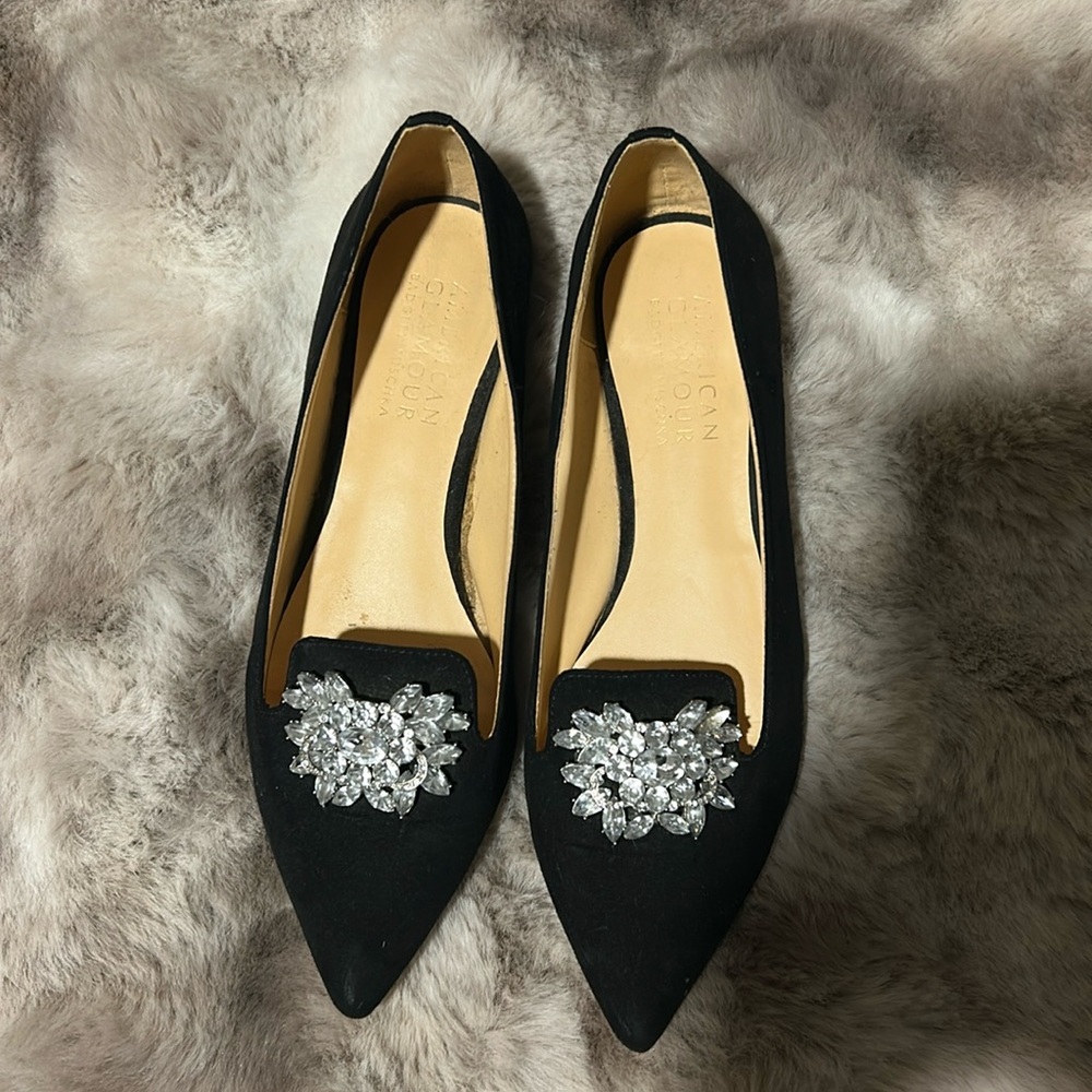 Badgley Mischka Black and Silver Flats with Crystal Embellishments